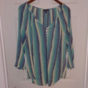 EUC Chaps V Neck Peasant Top, Blue Green Vertical Stripes 2X Cool Gauzy Comfort